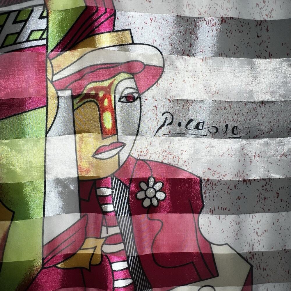 Picasso Inspired Cubist Art Scarf Silk‑Feel Square Vibrant Pink Gold Black 36"